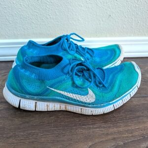 Nike Free Flyknit 5.0 blue green running sneakers EUC 9